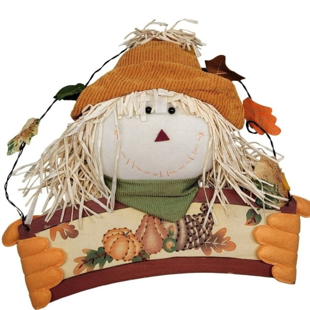 Harvest Scarecrow Plush Wall Door Decor Straw Hair Hat‎ Fall Thanksgiving Vtg